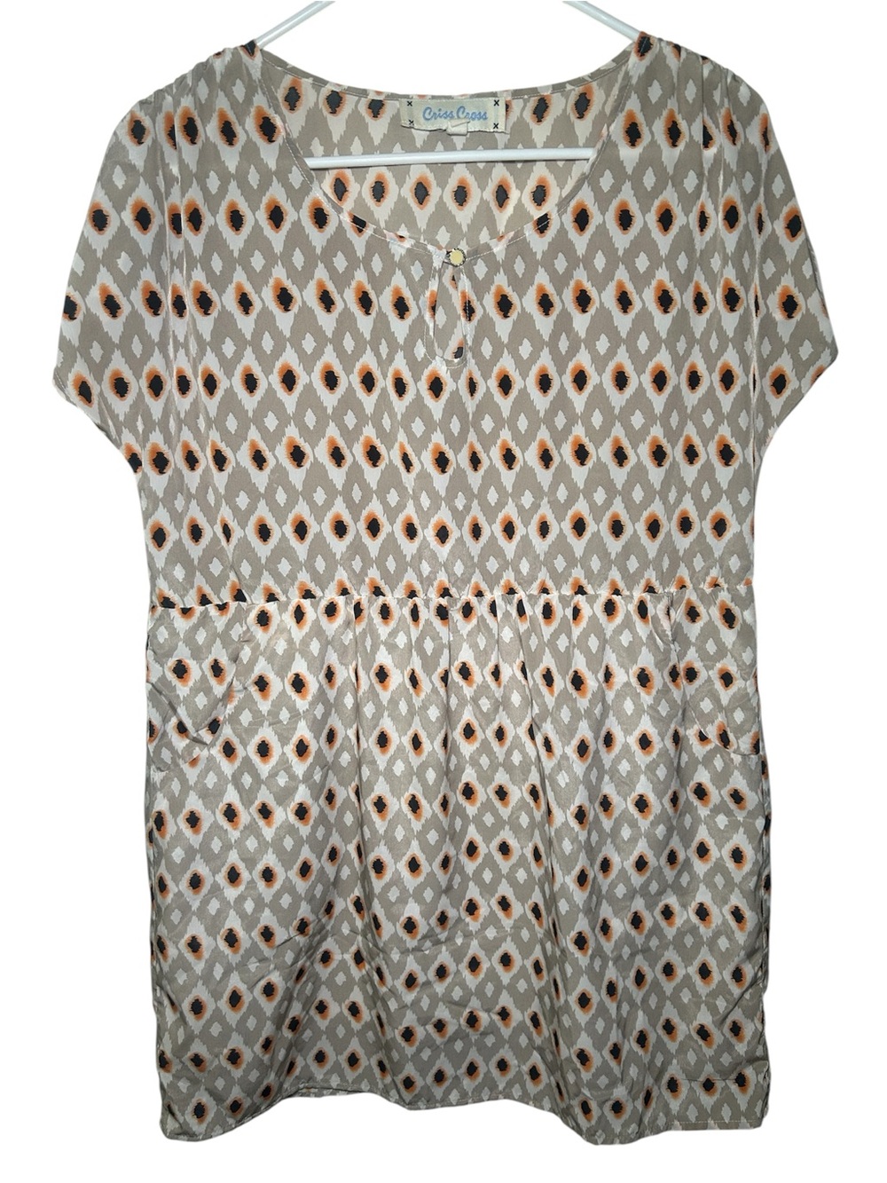 Criss Cross Beige Patterned Short Sleeve Women's Top Small Boho Country Aztec